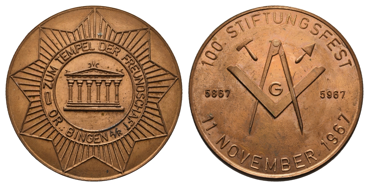  Medaille; Freimaurer; OR. Bingen; 100. Stiftungsfest 1967; Bronze; 44,11 g; Ø 45,50 mm   