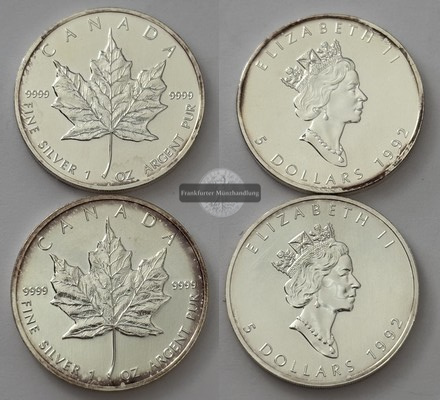  Kanada 2x 5 Dollar  1992  Maple Leaf  KM#187  FM-Frankfurt    Feinsilber: 62g   