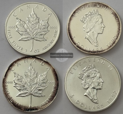  Kanada 2x 5 Dollar  1992  Maple Leaf  KM#187  FM-Frankfurt    Feinsilber: 62g   