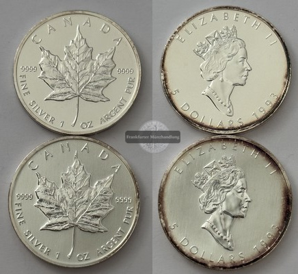  Kanada 2x 5 Dollar  1993  Maple Leaf  KM#187  FM-Frankfurt    Feinsilber: 62g   