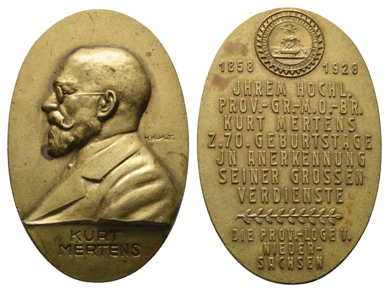  Kurt Mertens, Medaille 1928; Bronze; 53,15 g, 59,5 x 39,7 mm   