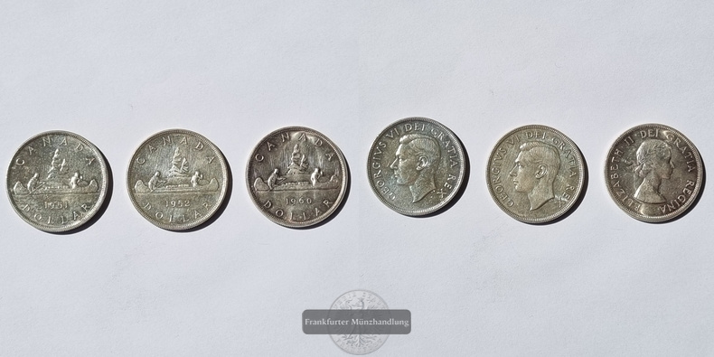  Kanada,  1 Dollar 1951, 1952, 1960 Kanu LOT (3 Münzen)  FM-Frankfurt Feinsilber: 55,98g   