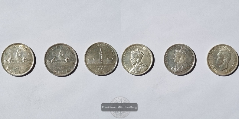  Kanada,  1 Dollar 1935, 1936, 1939 Kanu LOT (3 Münzen)  FM-Frankfurt Feinsilber: 55,98g   