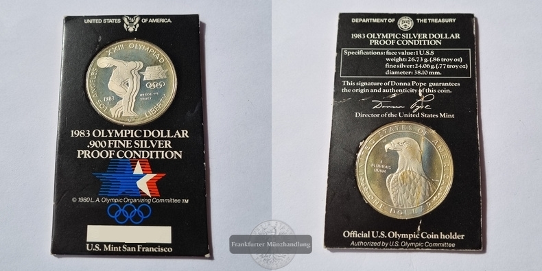  USA 1 Dollar San Francisco - 1983 XXIII Olympia FM-Frankfurt  Feinsilber: 24,06g   