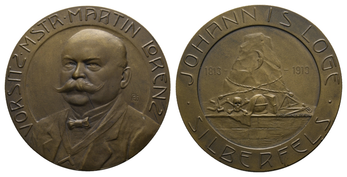  Freimaurer; Bronzemedaille 1913 Johannis Loge Silberfels; 46,74 g, Ø 50 mm   