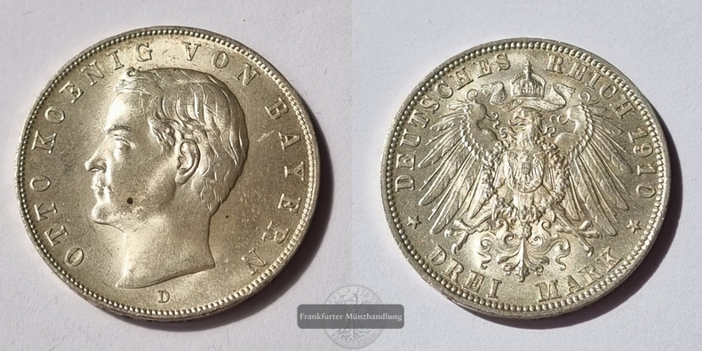  Deutsches Kaiserreich. Bayern, Otto.  3 Mark  1910 D   FM-Frankfurt   Feinsilber: 15g   