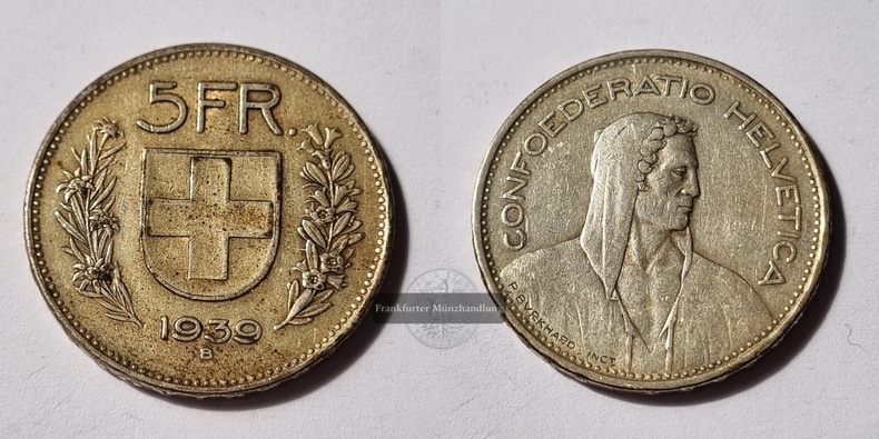  Schweiz,  5 Franken  1939  FM-Frankfurt   Feinsilber: 12,53g   