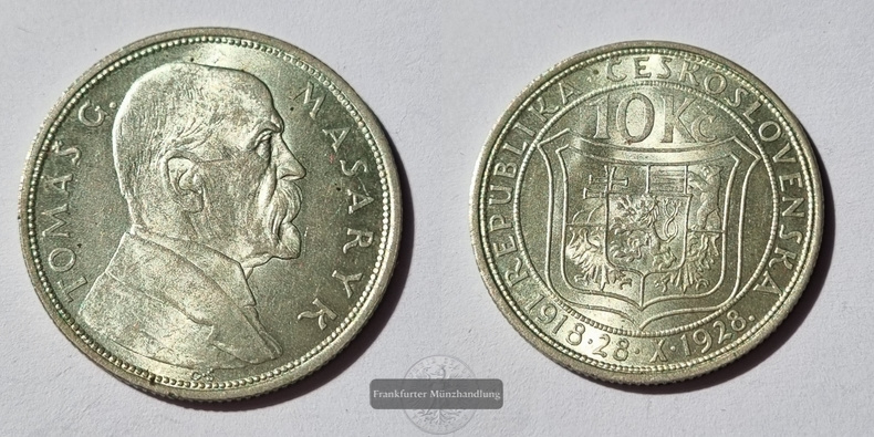  Tschechoslowakei, 10 Kronen 1928 Independence  FM-Frankfurt  Feinsilber: 7g   