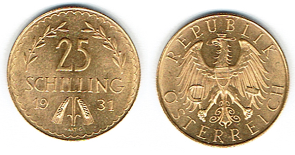  SZAIVERT 1. REPUBLIK ÖSTERREICH 25 SCHILLING 1931 GOLD 900 FEIN   