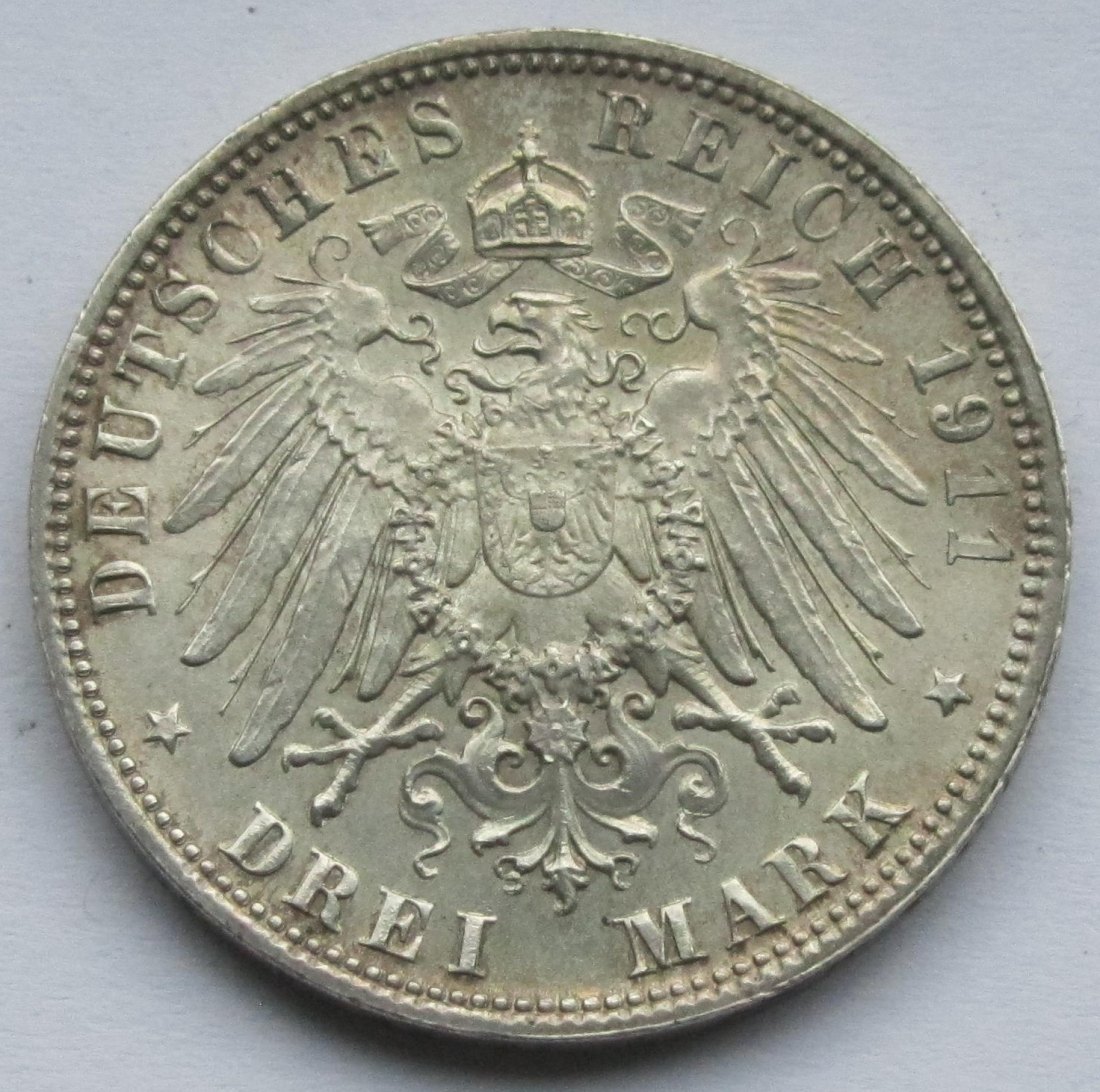  Kaiserreich: Bayern, 3 Mark Luitpold (Jaeger 49), 1911   