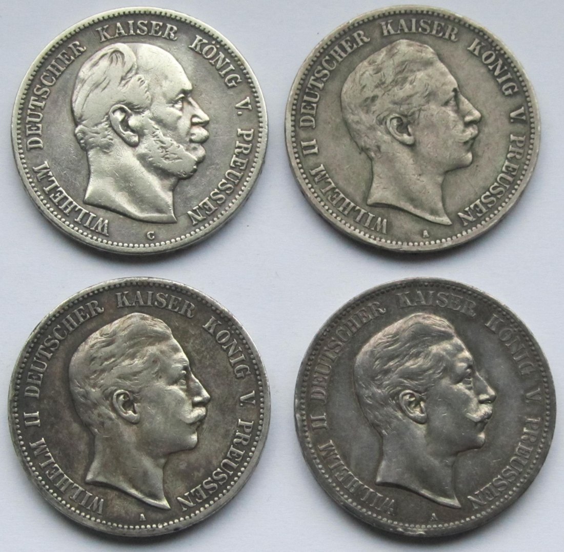  Kaiserreich: Preußen, 4 x 5 Mark (1876 C + 1899 + 1902 + 1907)   