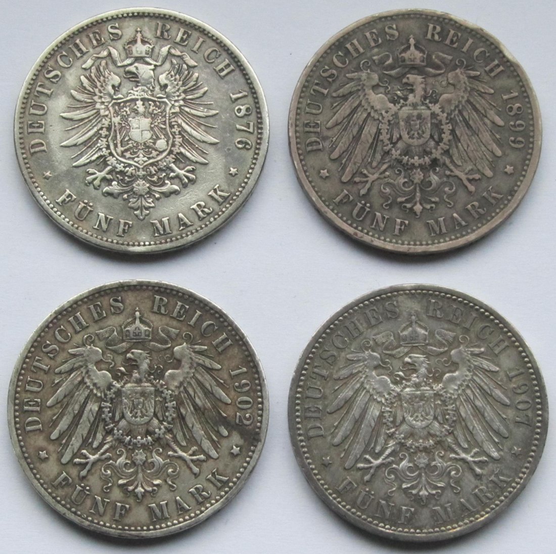  Kaiserreich: Preußen, 4 x 5 Mark (1876 C + 1899 + 1902 + 1907)   