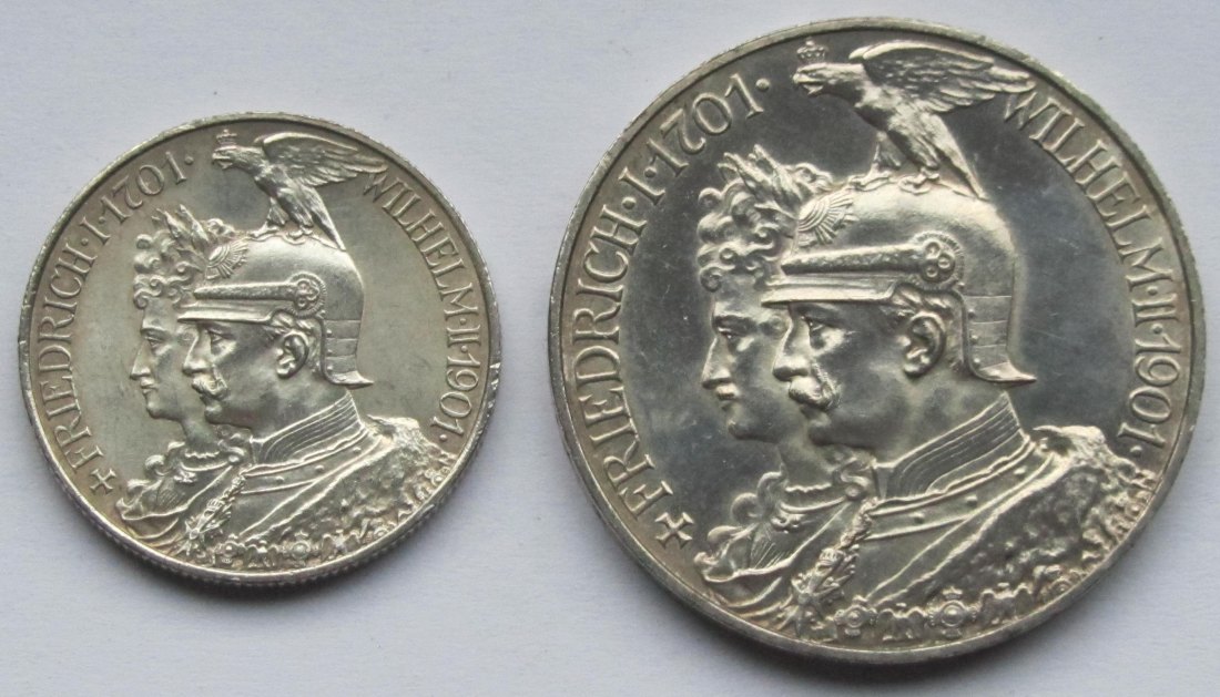  Kaiserreich: Preußen, 2 + 5 Mark 200 Jahre Königreich (Jaeger 105 + 106) 1901   