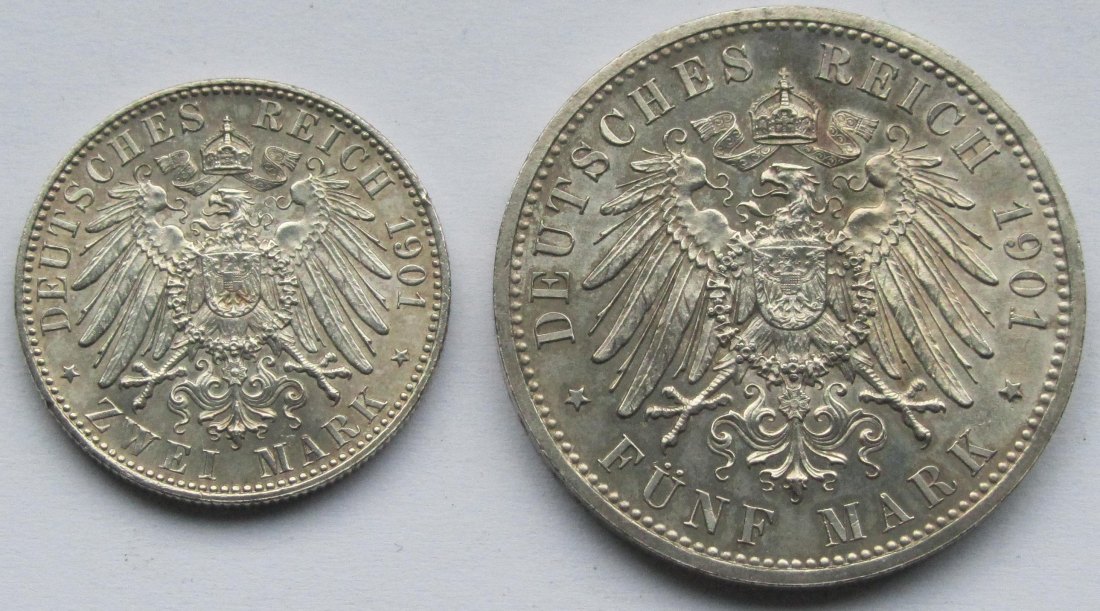  Kaiserreich: Preußen, 2 + 5 Mark 200 Jahre Königreich (Jaeger 105 + 106) 1901   
