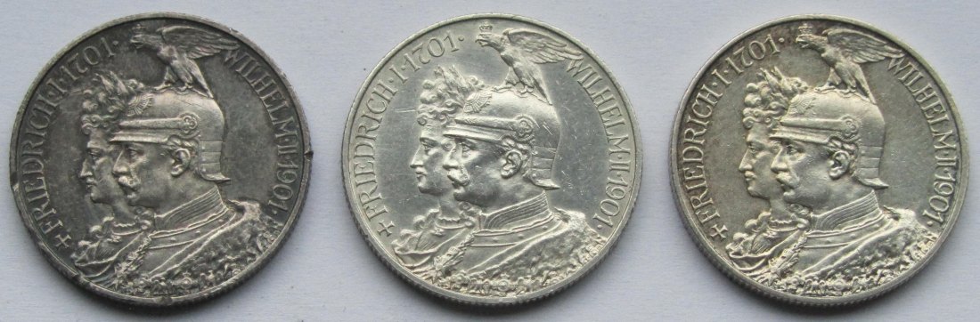  Kaiserreich: Preußen, 3 x 2 Mark 200 Jahre Königreich (Jaeger 105) 1901   
