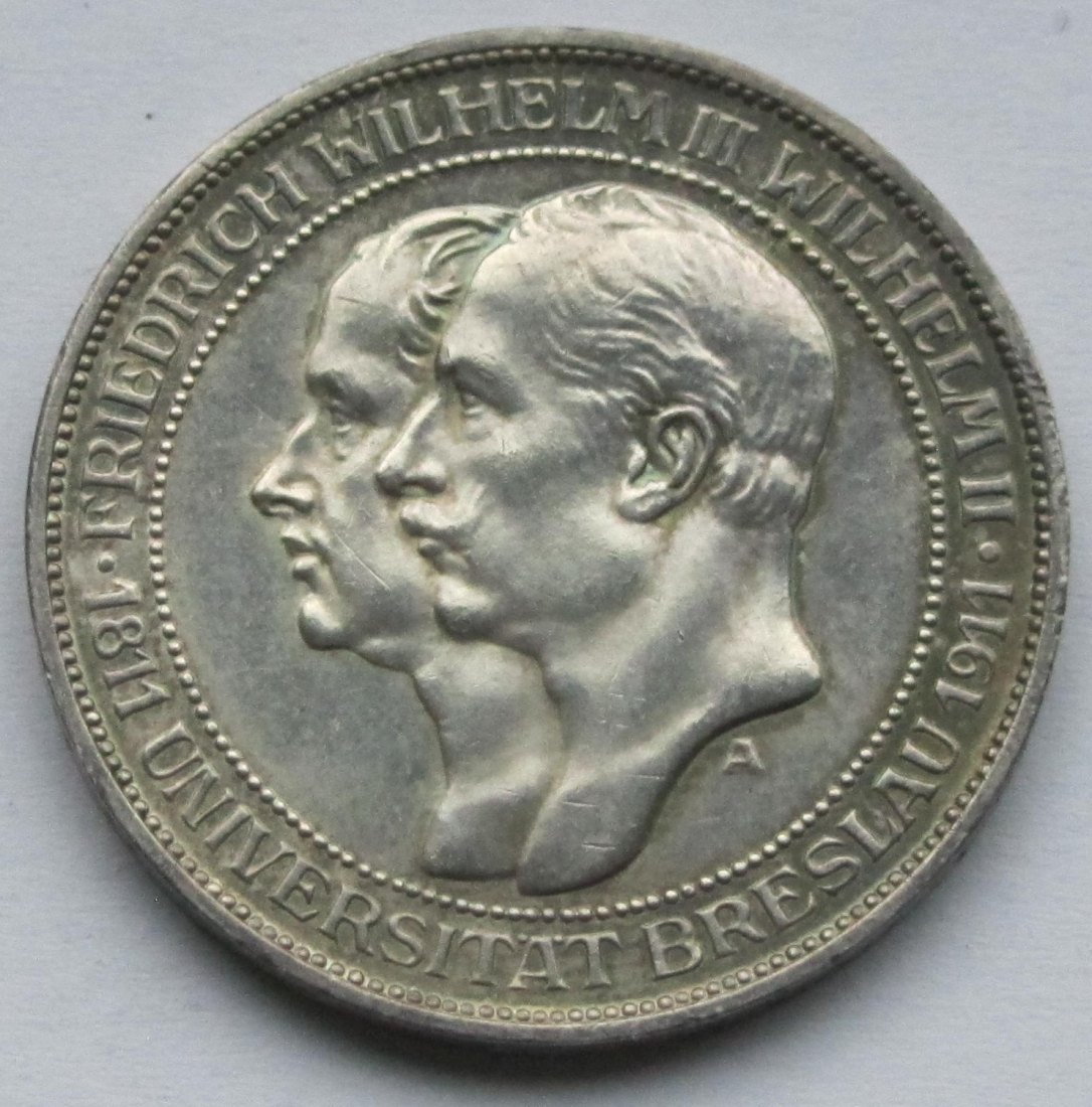  Kaiserreich: Preußen, 3 Mark Universität Breslau (Jaeger 108) 1911   