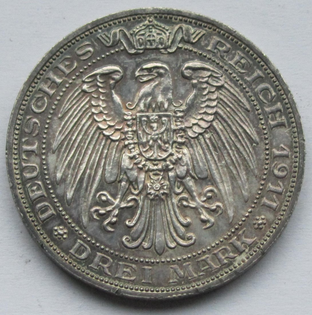  Kaiserreich: Preußen, 3 Mark Universität Breslau (Jaeger 108) 1911   