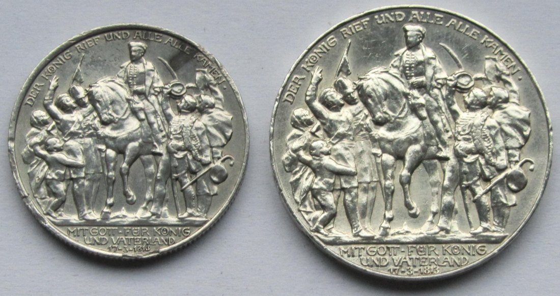  Kaiserreich: Preußen, 2 + 3 Mark Befreiungskriege (Jaeger 109 + 110), 1913   