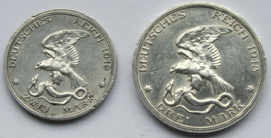  Kaiserreich: Preußen, 2 + 3 Mark Befreiungskriege (Jaeger 109 + 110), 1913   