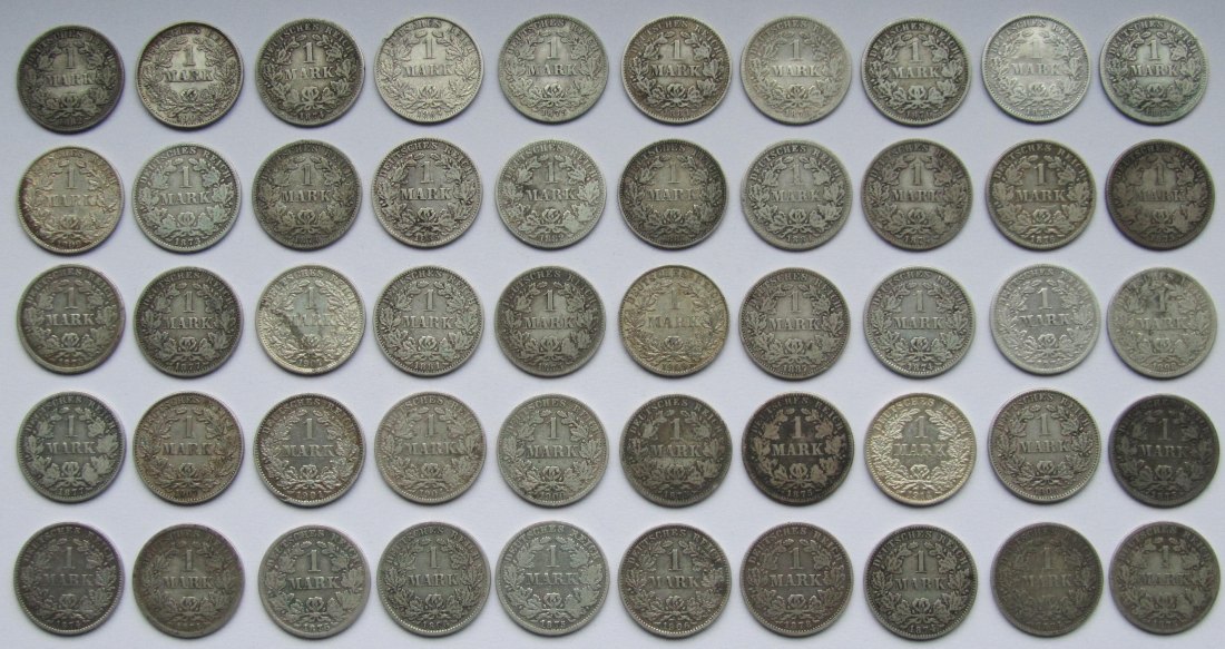  Kaiserreich: 50 x 1 Mark, zusammen 250 g Feinsilber   