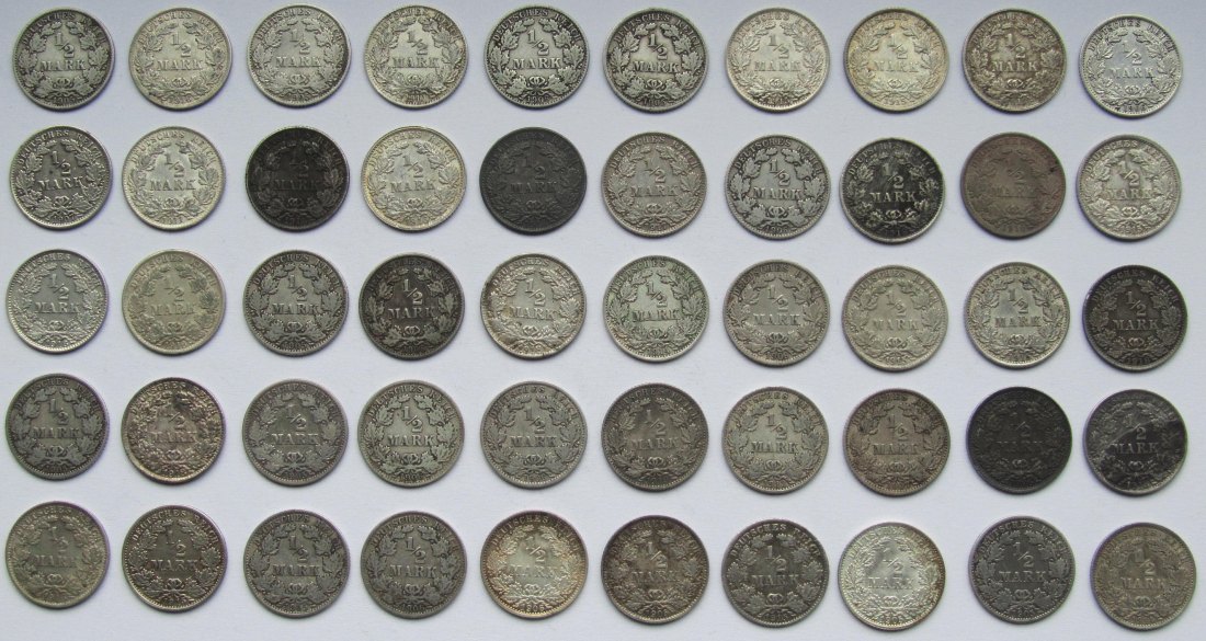  Kaiserreich: 50 x 1/2 Mark, zusammen 125 g Feinsilber   