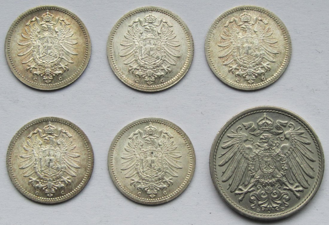  Kaiserreich: Lot aus sechs prägefrischen Kleinmünzen   