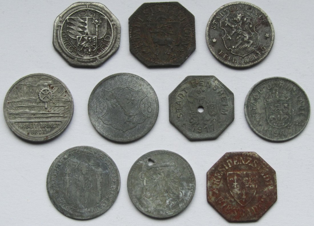  Notgeld: Lot aus zehn verschiedenen Münzen aus Süddeutschland   