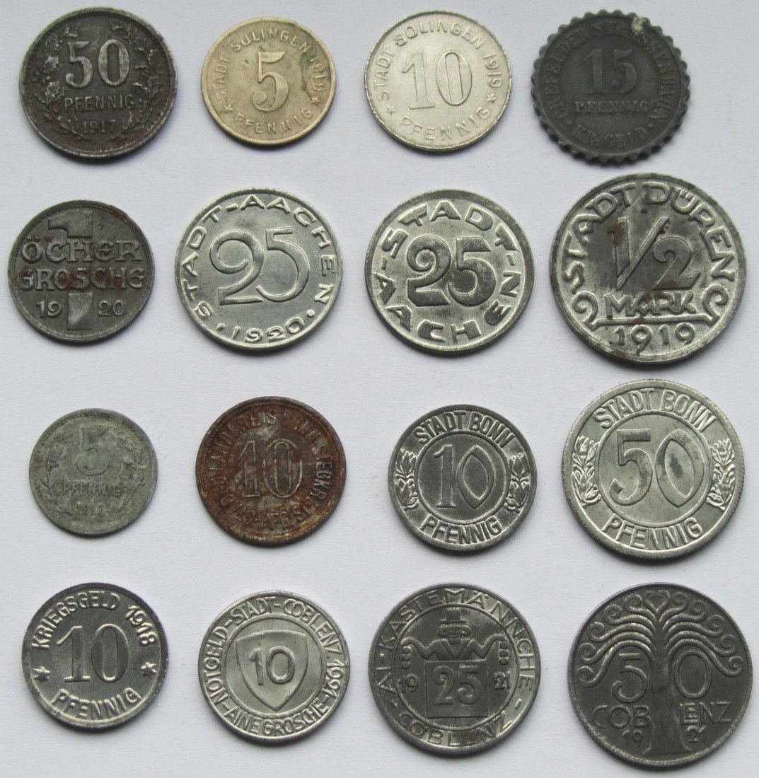  Notgeld: Lot aus 16 verschiedenen Münzen aus dem Rheinland   
