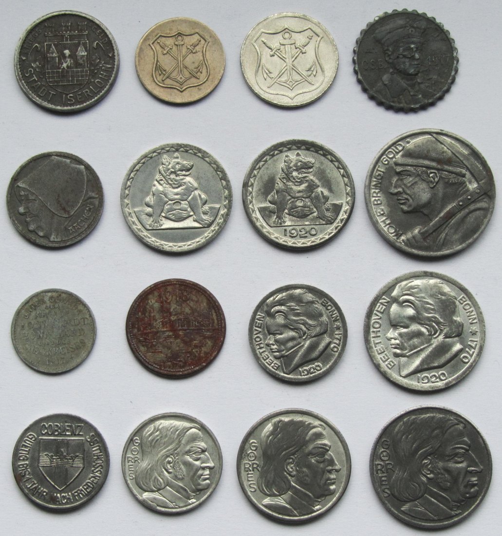  Notgeld: Lot aus 16 verschiedenen Münzen aus dem Rheinland   