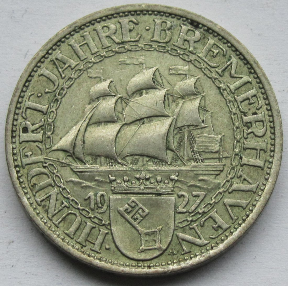  Weimarer Republik: 3 Mark Bremerhaven (Jaeger 325), 1927   