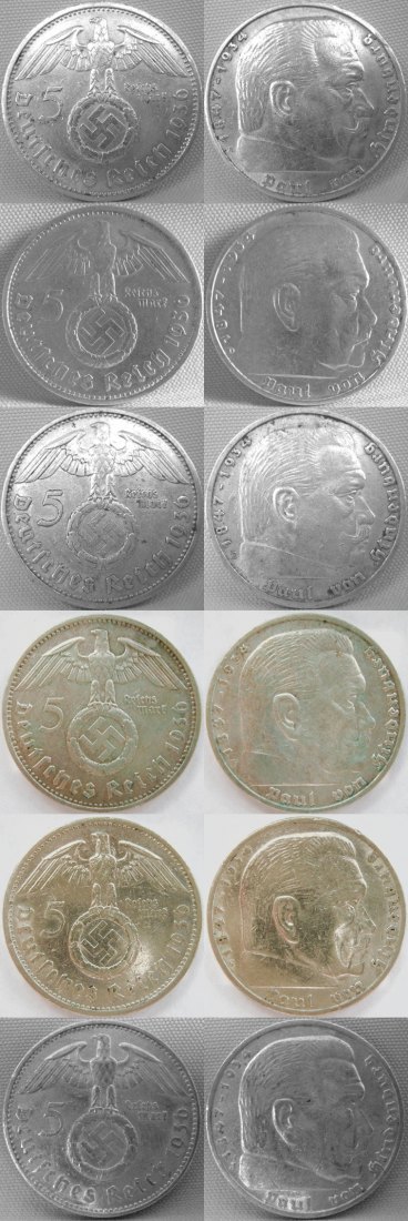  5 Reichsmark, 1936 ADEFGJ,Hindenburg mit HK, gesamt Silber 75 g, aktueller Kat.preis 119.- €   