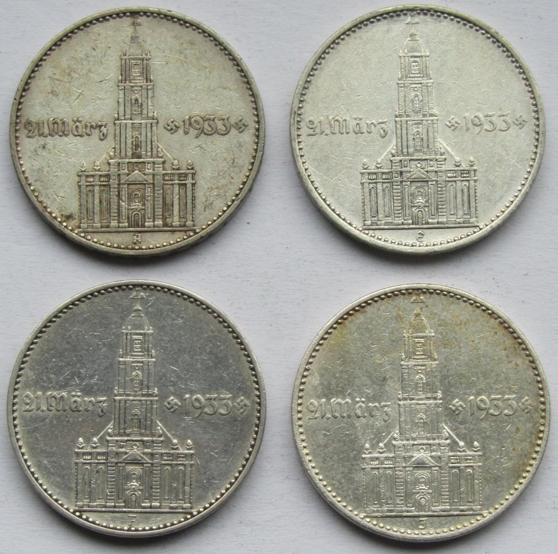  Deutsches Reich: 2 Mark Garnisonkirche mit Datum 1934, 4 Stück (A + E + F + J)   