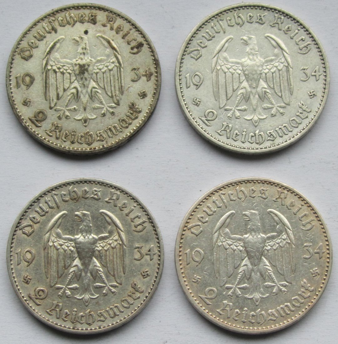  Deutsches Reich: 2 Mark Garnisonkirche mit Datum 1934, 4 Stück (A + E + F + J)   