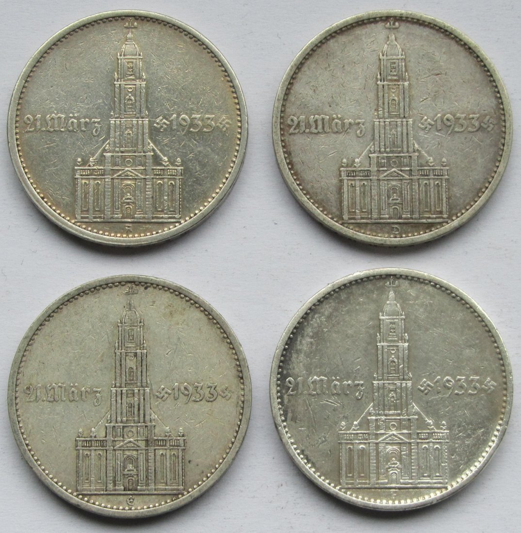  Deutsches Reich: 5 Mark Garnisonkirche mit Datum 1934, 4 Stück (A + D + E + F)   