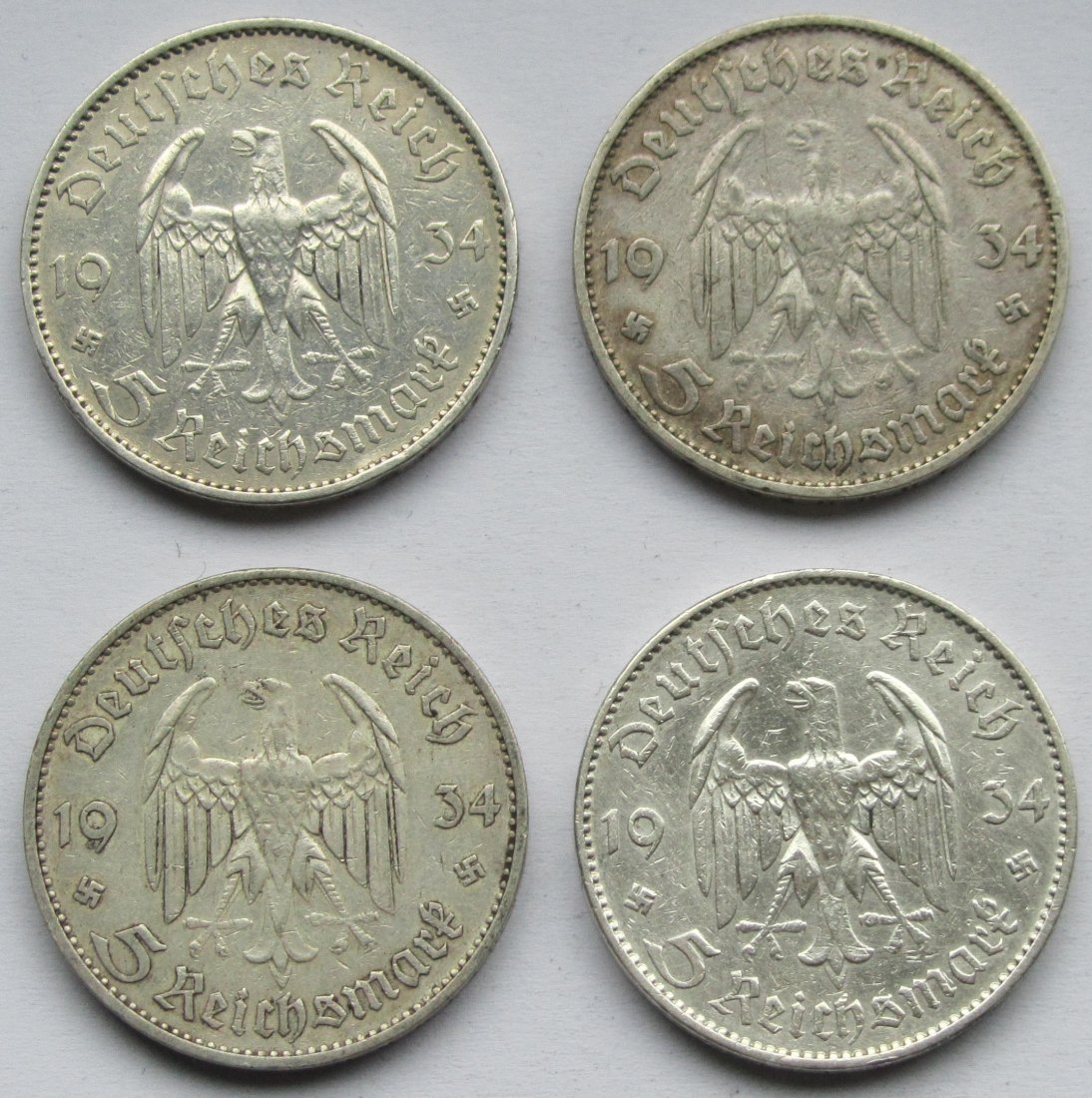  Deutsches Reich: 5 Mark Garnisonkirche mit Datum 1934, 4 Stück (A + D + E + F)   