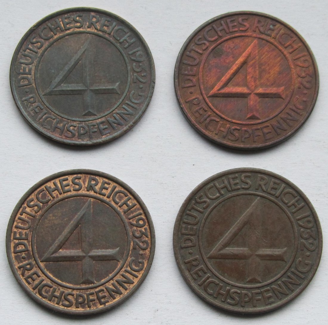  Weimarer Republik: 4 x 4 Pfennig (Münzzeichen A + D + F + J)   