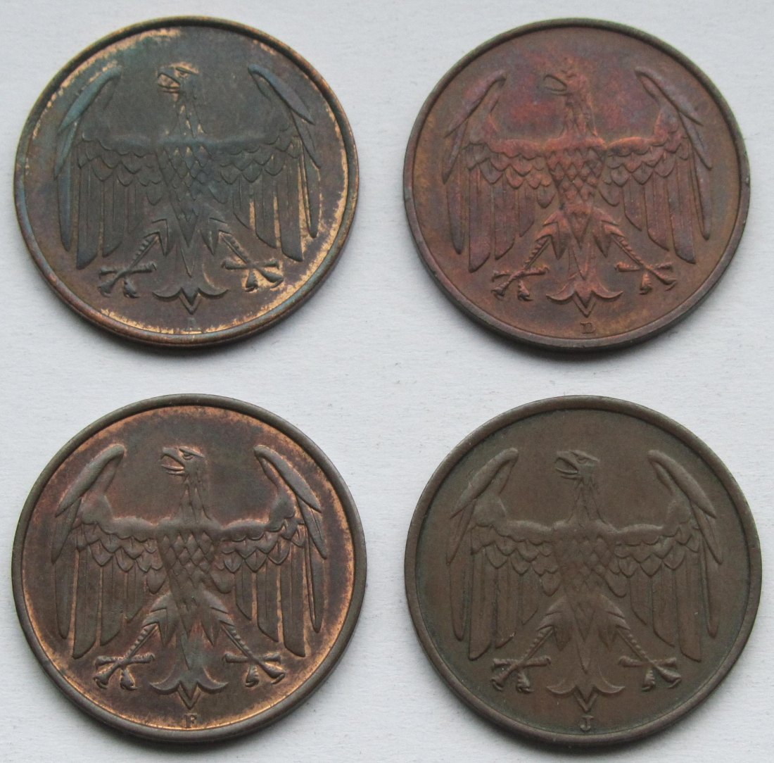  Weimarer Republik: 4 x 4 Pfennig (Münzzeichen A + D + F + J)   