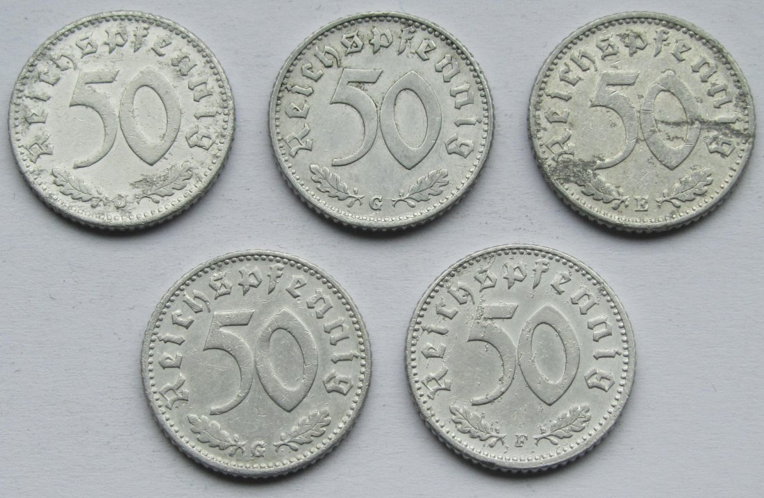  Deutsches Reich: Fünf seltene Jahrgänge 50 Pfennig Aluminium   
