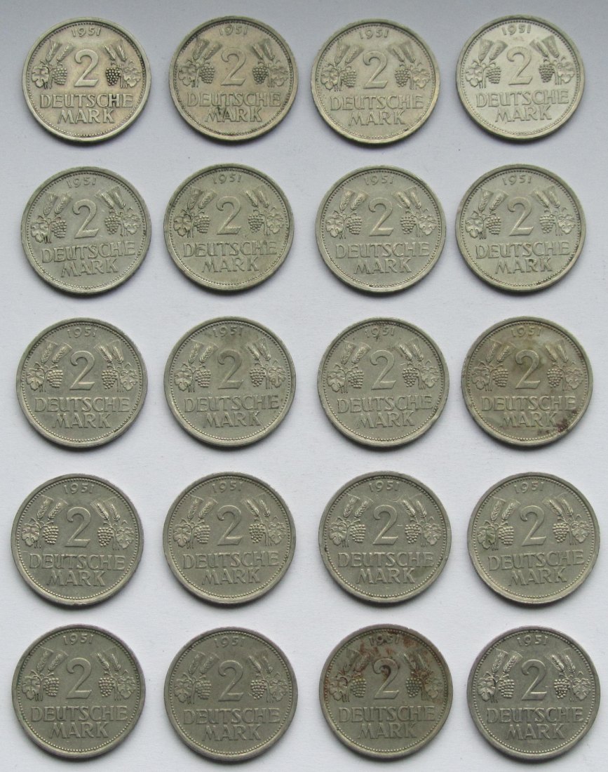 Deutschland: 20 x 2 DM Weintraube 1951, alle J   