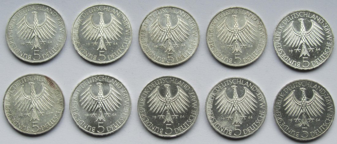  Deutschland: 5 DM Fichte 1964, 10 Stück   