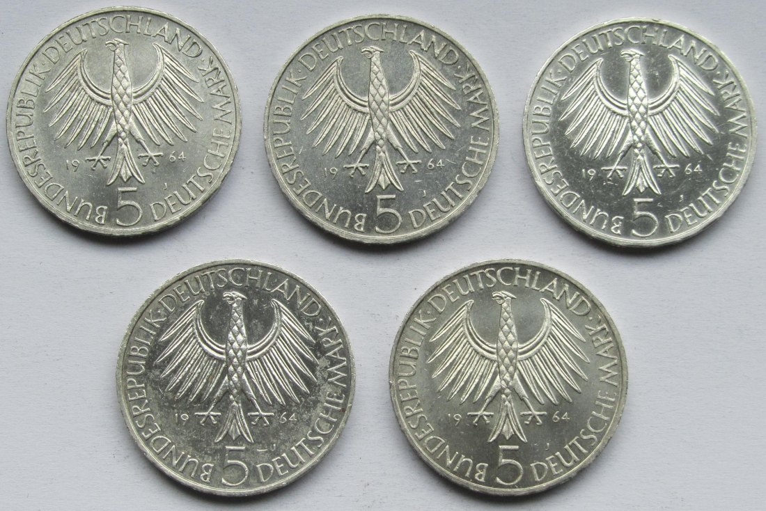  Deutschland: 5 DM Fichte 1964, 5 Stück   