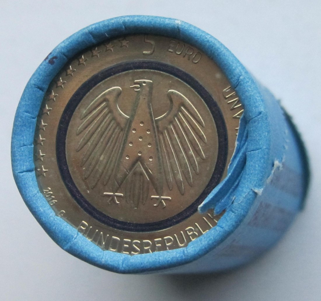  Deutschland: 5 Euro Planet Erde 2016, Originalrolle mit 25 Stück, Münzzeichen G   
