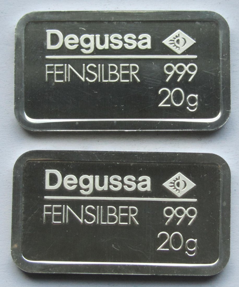  2 x 20 g Silberbarren von Degussa, zusammen 40 g Feinsilber   
