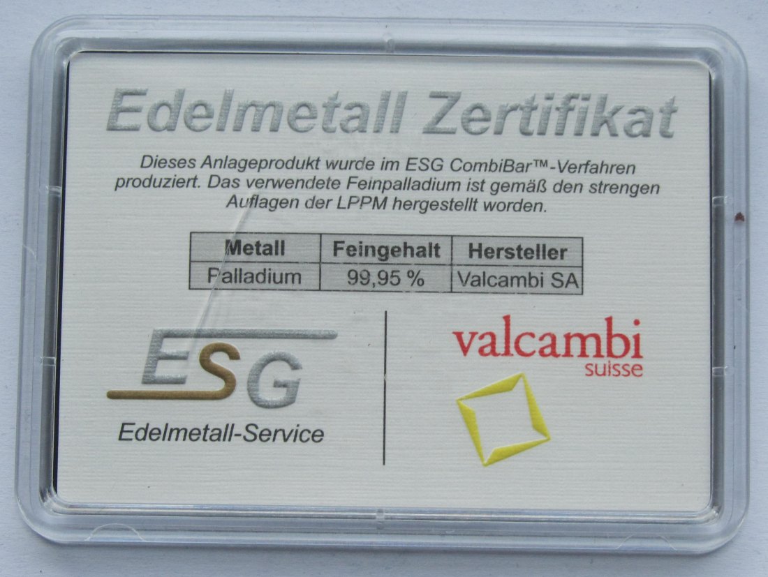  1 g Palladium-Barren von Valcambi   