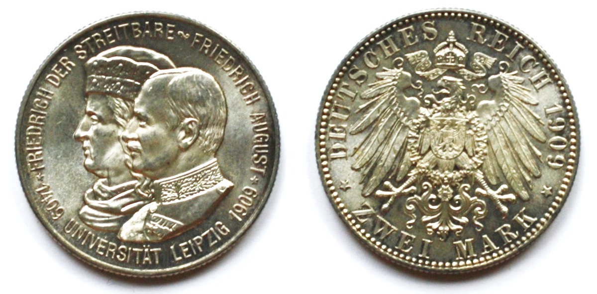  DR, Sachsen Friedrich August III.: 2 Mark Ag900 1909 E Universität Leipzig Jaeger 138 vz+   