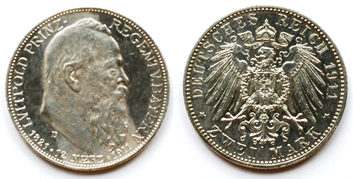  DR, Bayern Prinzregent Luitpold: 2 Mark Ag900 1911 D 90. Geburtstag Jaeger 48 vz   