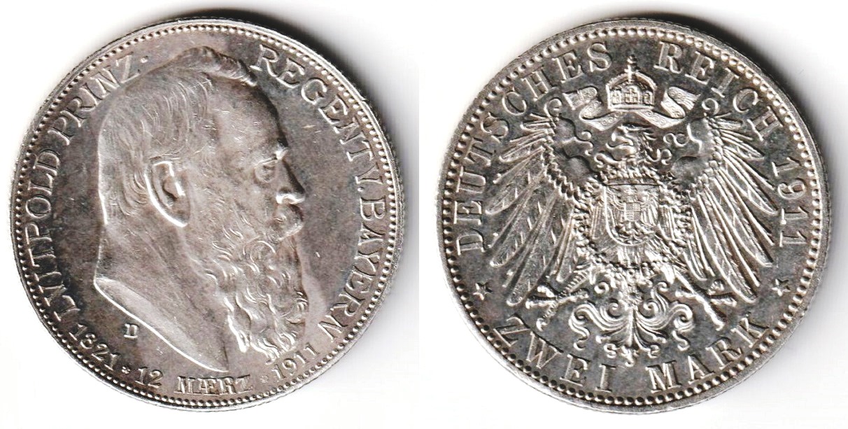  DR, Bayern Prinzregent Luitpold: 2 Mark Ag900 1911 D 90. Geburtstag Jaeger 48 vz   