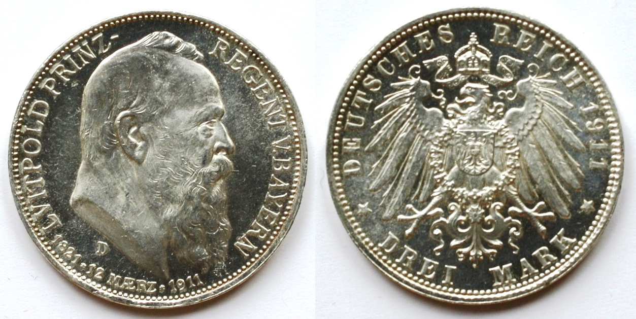  DR, Bayern Prinzregent Luitpold: 3 Mark Ag900 1911 D 90. Geburtstag Jaeger 49 vz+   