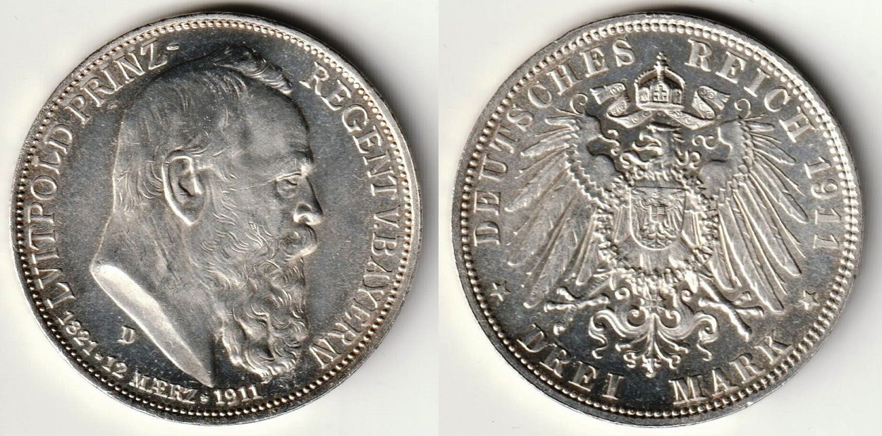  DR, Bayern Prinzregent Luitpold: 3 Mark Ag900 1911 D 90. Geburtstag Jaeger 49 vz+   