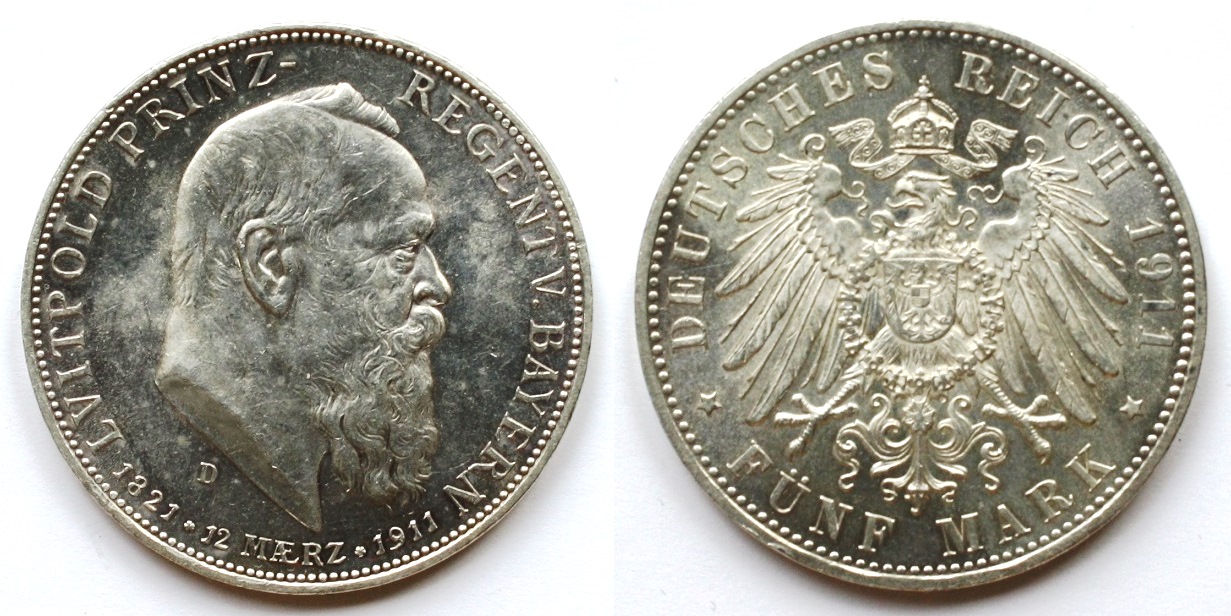  DR, Bayern Prinzregent Luitpold: 5 Mark Ag900 1911 D 90. Geburtstag Jaeger 50 vz+   